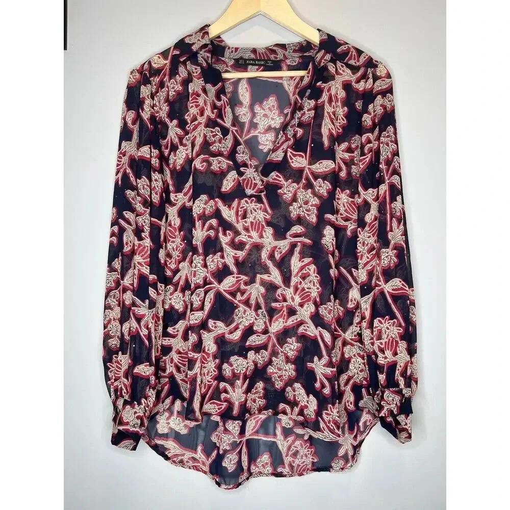ZARA Sheer Studded FLORAL PRINT BLOUSE Button Down Pullover Career Top Sz Small
